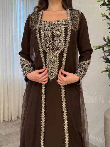 جلابية اماراتية نسائية قطعتين/ موكا - (XXXL) الصدر:١٠٢سم , الخصر:٩١سم