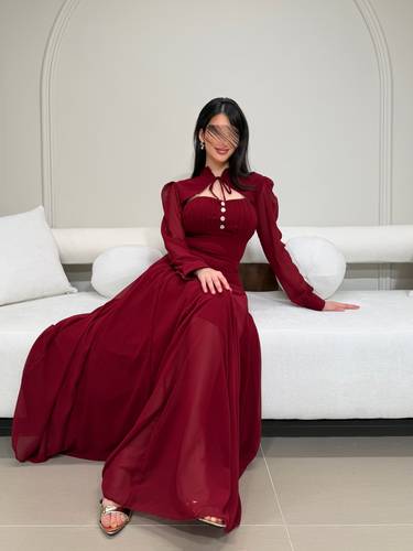 فستان عنابي سهرة طويل - (XXXL) الصدر:١٠٢سم , الخصر:٩١سم