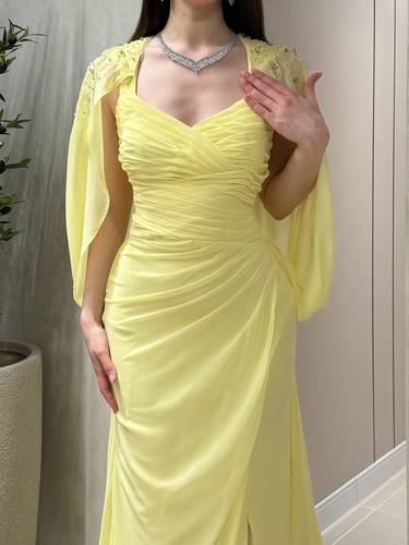 فستان سهره ليموني💛 - (XXXL) الصدر:١٠٢سم , الخصر:٩١سم