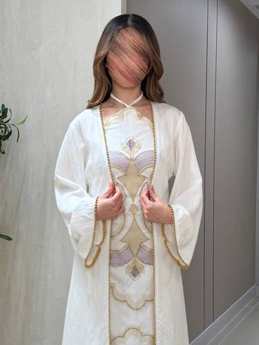 جلابيه قطعتين 2 لون 🤍🧡 - سكري - ‏(XS) الصدر:٧١سم , الخصر:٦٢سم