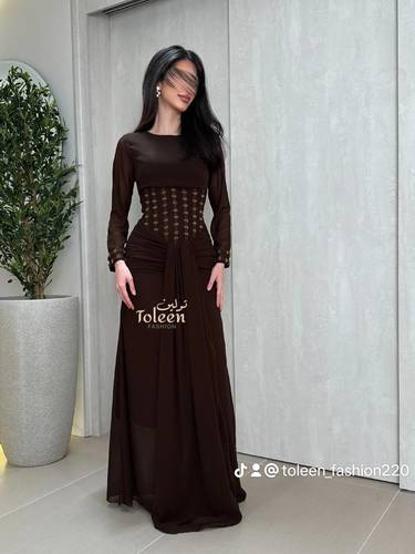فستان سهرة طويل بني - (XXXL) الصدر:١٠٢سم , الخصر:٩١سم