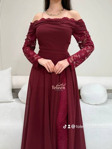 فستان عنابي طويل سهرة - (XXXL) الصدر:١٠٢سم , الخصر:٩١سم