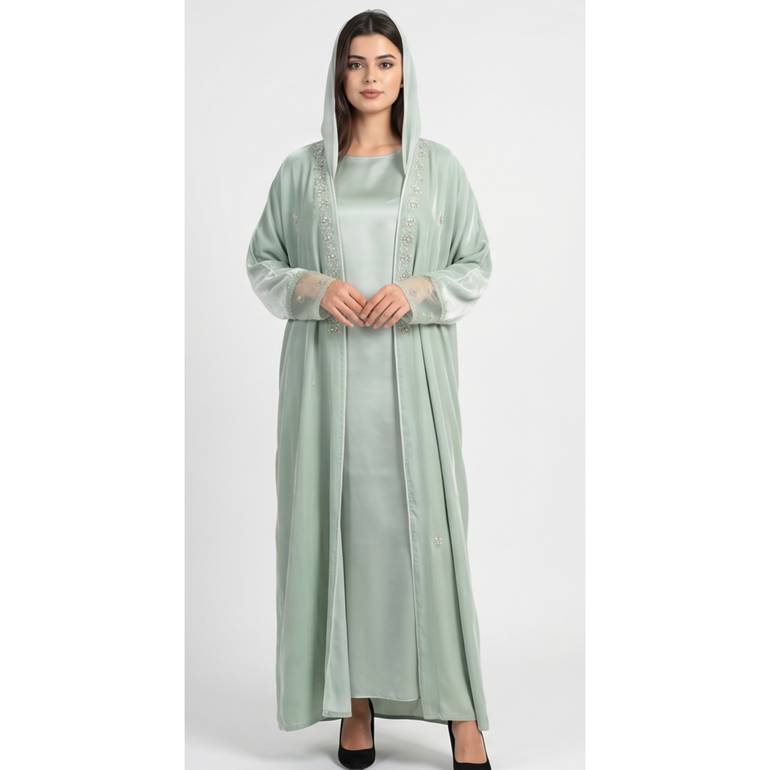 عباية باللون الأخضر الفاتح مزين شك خرز  - 58