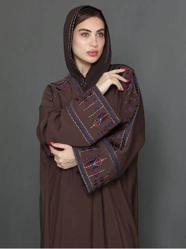 عبايه كيموني حرير مغسول تطريز عسيري بني