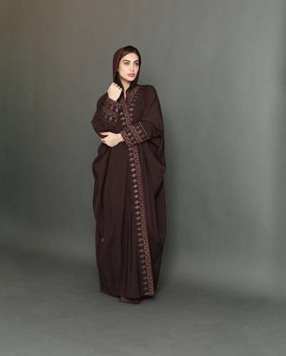 عبايه نص بشت حرير مغسول تطريز خيط قصب نقشه السدو بني