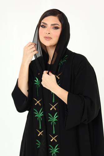 عباية كريب اسود تطريز قصب سيفين ونخلة مع طرحة قماش ليزر 