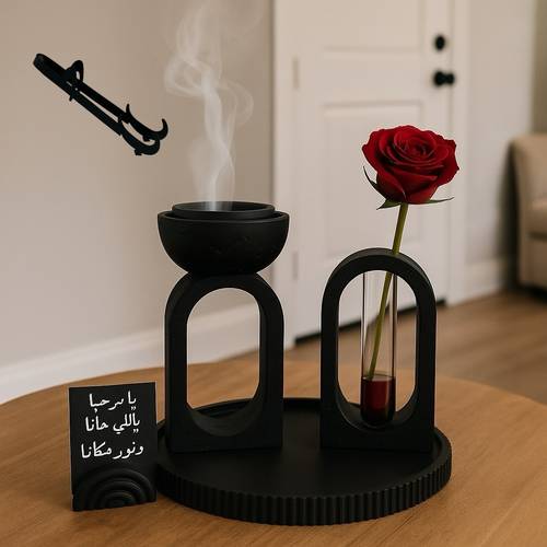 طقم مبخرة مع فازة وصحن وحامل كرت + ملقط “حب” – لون أسود مطفي