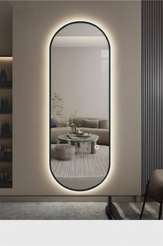 مرآة حائط LED كهربائية ثلاثية الألوان مع إطار أسود منحني  - 180 × 60 cm