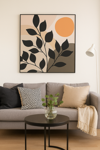 لوحة نباتية مع شمس بلون برتقالي دافئ (100×100 cm)