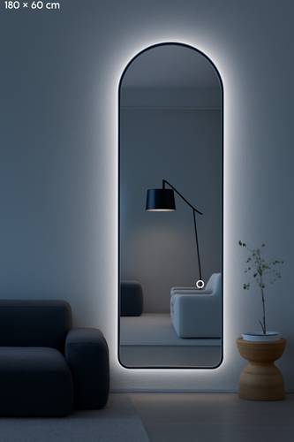 مرآة LED كهربائية ثلاثية الألوان مع إطار أسود منحني قابلة للتعليق - 180 × 60 cm