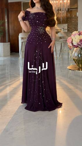 فستان سهرة بنفسجي مطرز بالكريستال بتصميم ملكي فاخر - 2XL