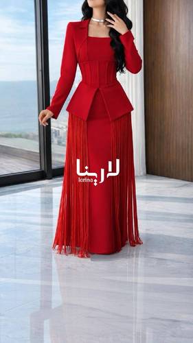 فستان هدب أحمر فاخر بشراريب انسيابية وتصميم ملكي - 3XL