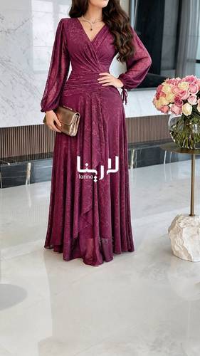 فستان سهرة فاخر بأكمام طويلة وقصة انسيابية - عودي - S