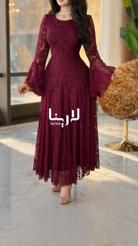 فستان ميد عنابي دانتيل فاخر بأكمام واسعة  - 2XL