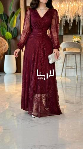 فستان سهرة عنابي دانتيل فاخر بأكمام شفافة - 3XL