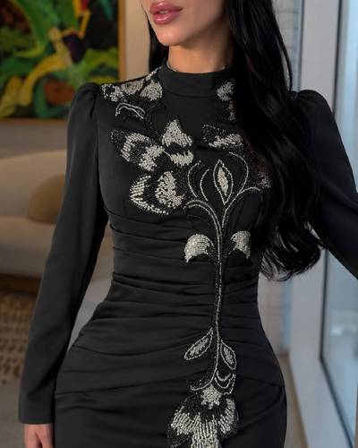 فستان سهرة أسود ماكسي  فاخر بتطريز فضي  - 2XL