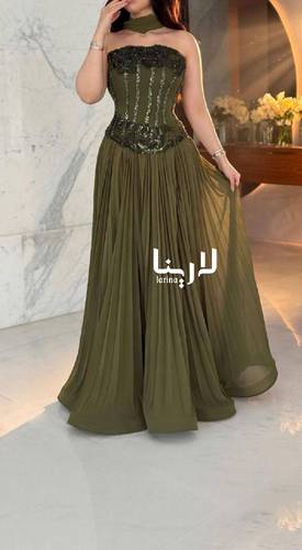 فستان سهرة زيتي فاخر بكورسيه مطرز  - 4XL