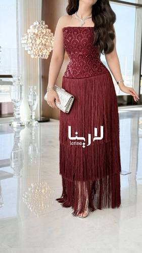 فستان سهرة عنابي هدب فاخرة وتطريز لامع - 3XL