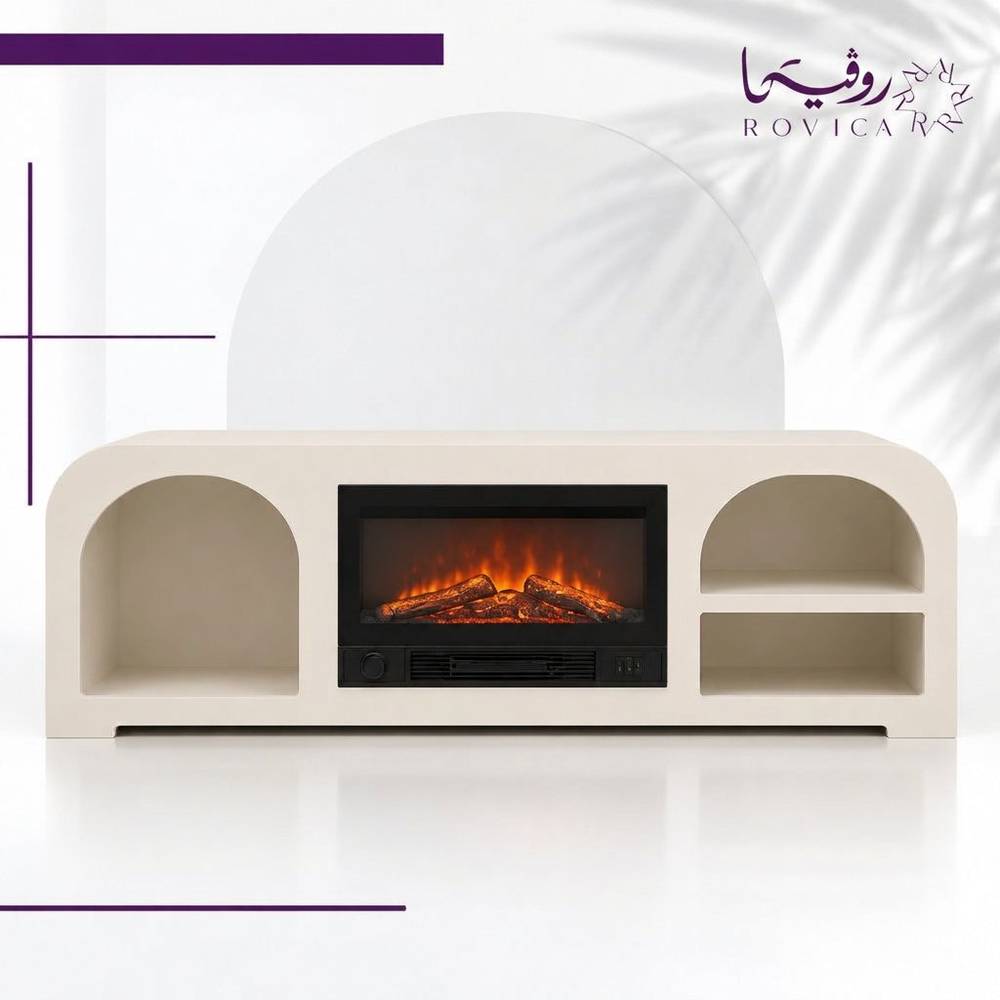 دفاية ديكور كهربائية أوف وايت بتصميم عصري وأرفف عرض من Rovica