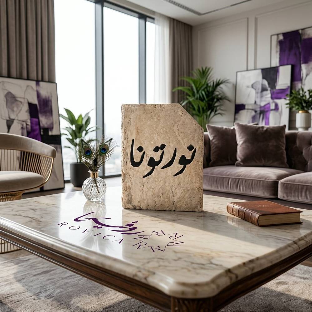 اللوحة موضوعة على الطاولة في غرفة معيشة بعبارة 